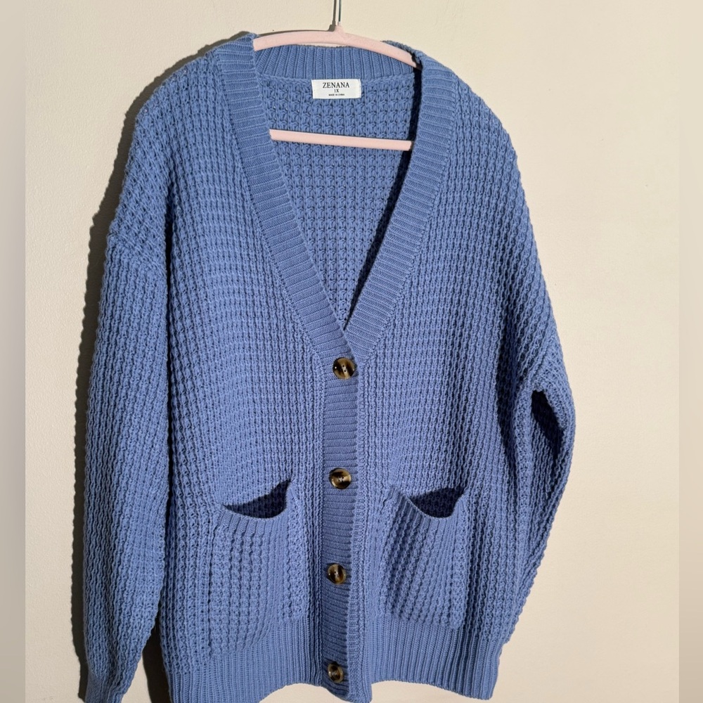 Zenana Outfitters Light Blue Knit Button Cardigan